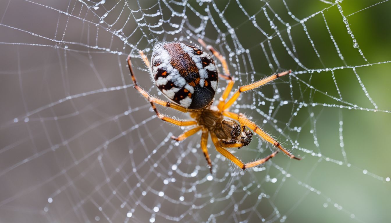 A garden spider catching a bed bug on a dewy web.