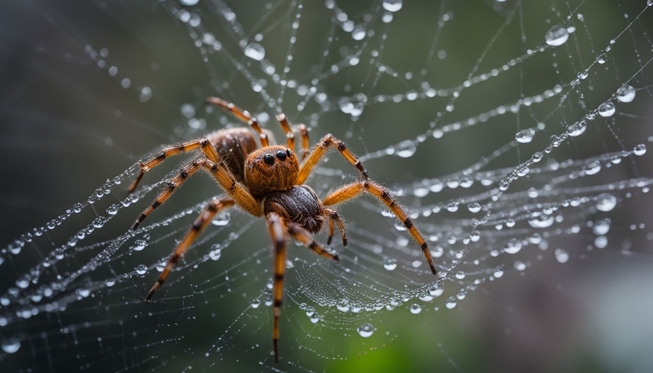 A spider caught in a rainstorm on a cobweb surrounded by droplets.