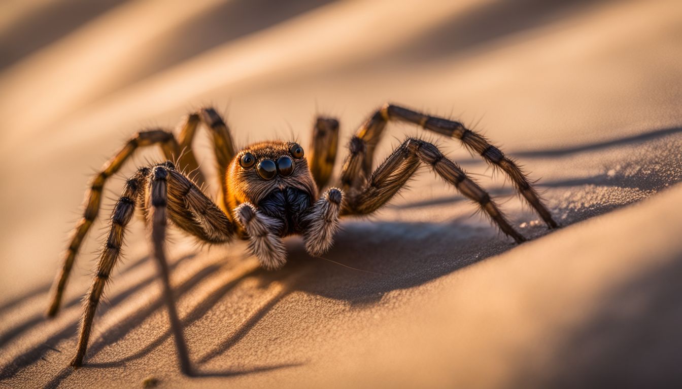 A sun spider in its natural desert habitat with sparse vegetation.