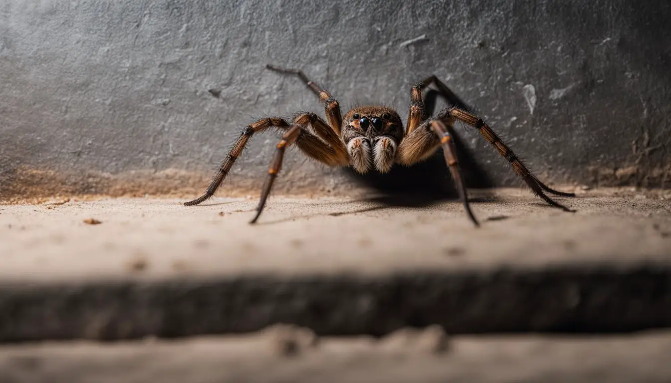 A Wolf Spider hunting a roach in a basement.