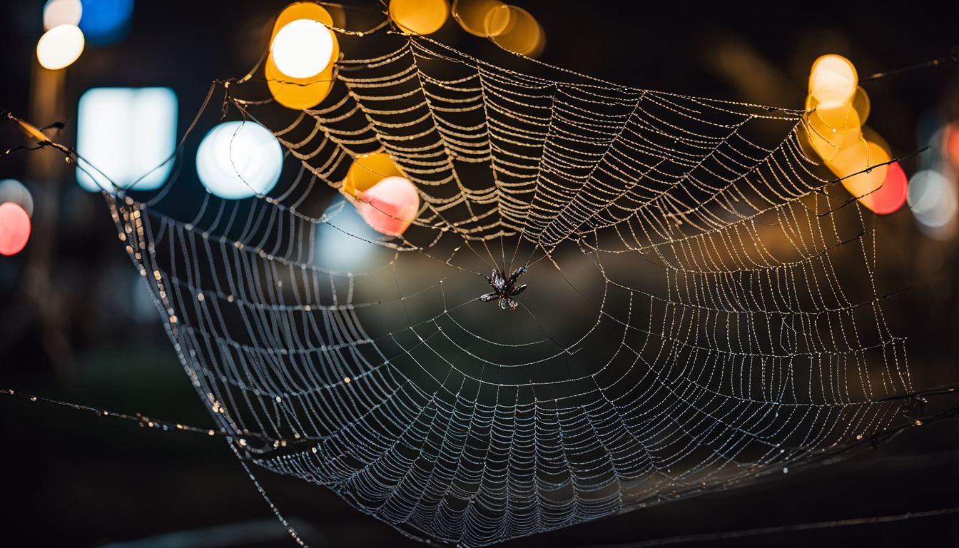 A photo of a spider web illuminated by a streetlight at night.