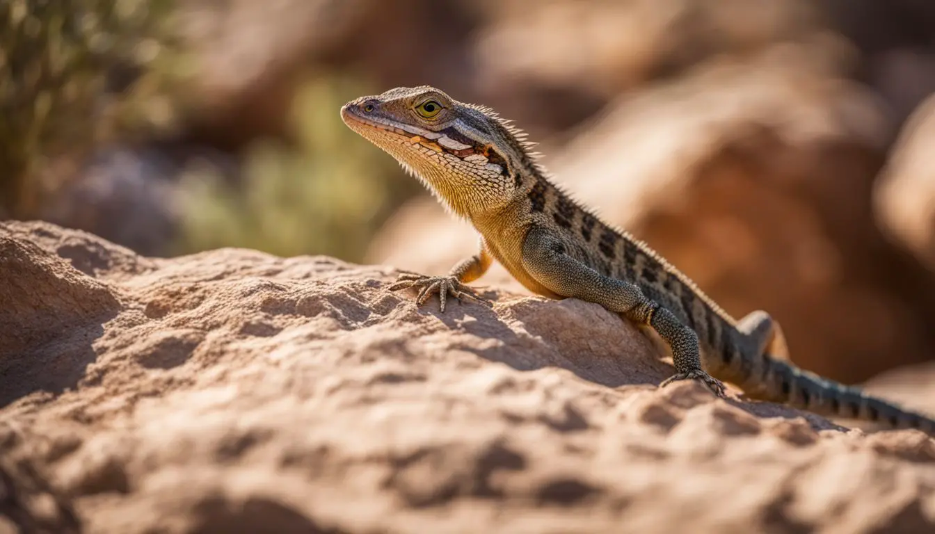 A lizard sunbathes on a rock in a desert environment.