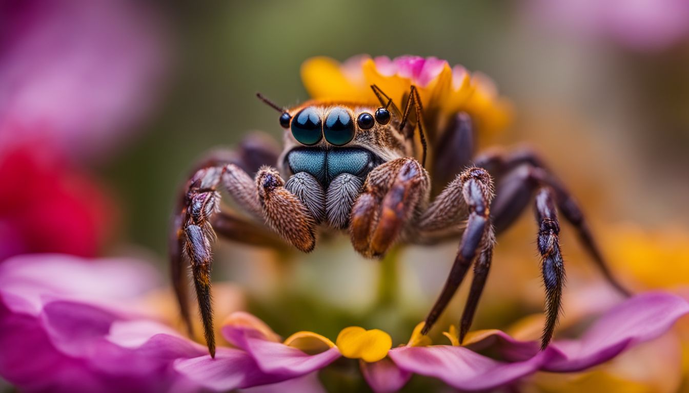 A crab spider camouflaged among colorful flowers in nature.