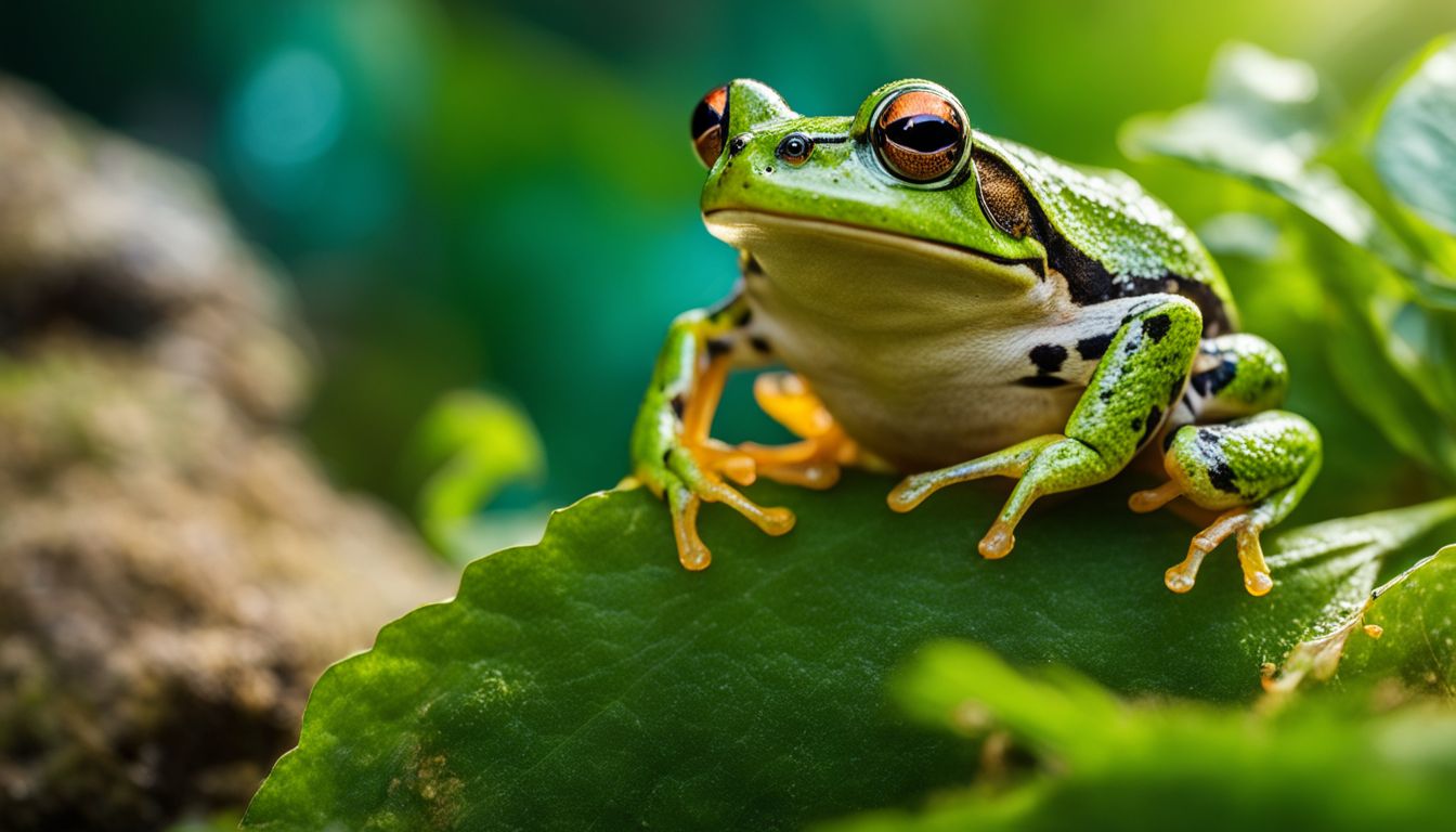 A frog catching a spider in a lush, green natural environment.