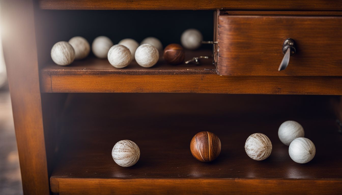 A close-up of mothballs in an old wardrobe surrounded by clothes.