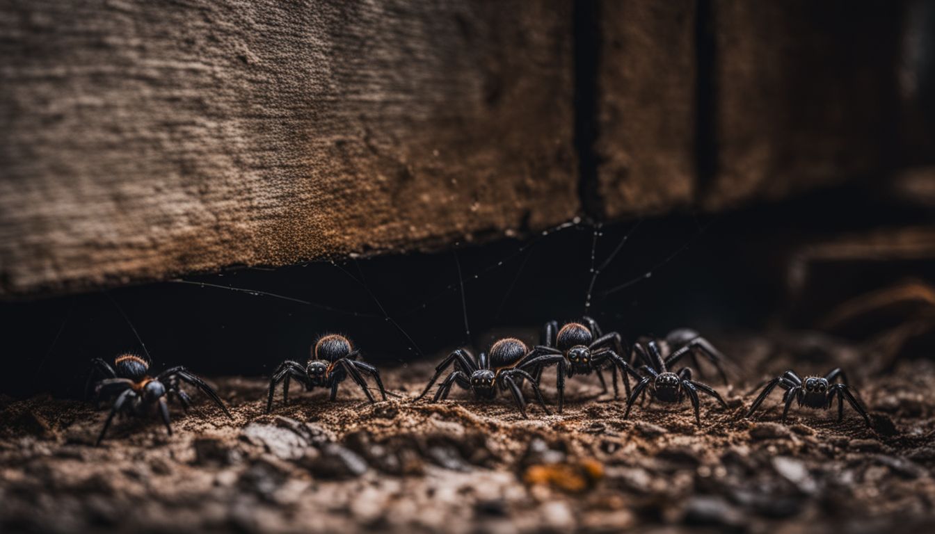 Spiders crawling through a damp basement in a well-lit photo.