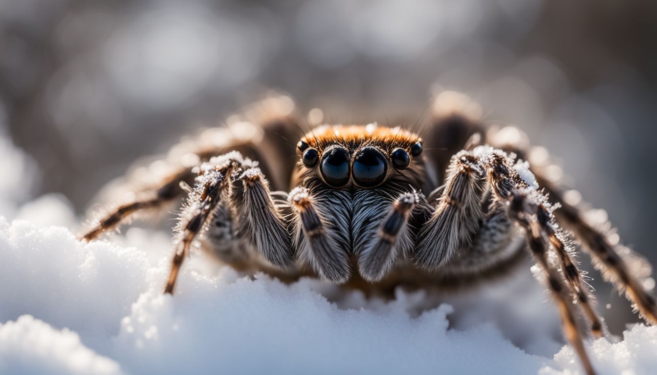 A spider in winter habitat surrounded by snow and cold.