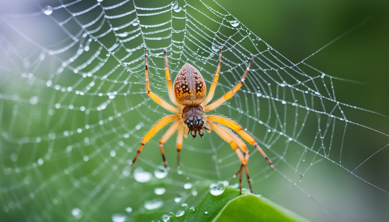 A spider weaving a delicate web under a dew-covered leaf.