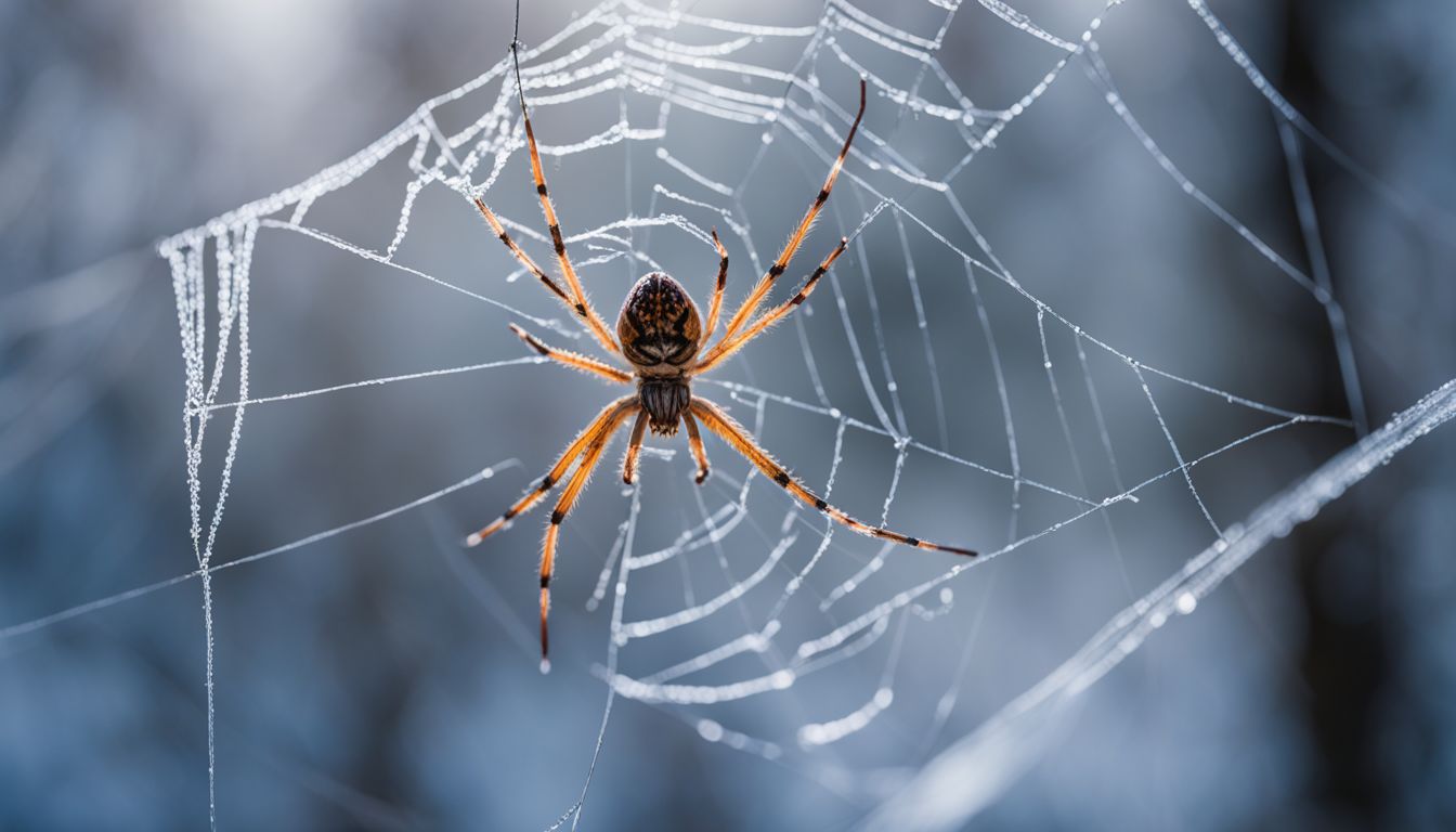 A spider weaving a web in a frost-covered forest.