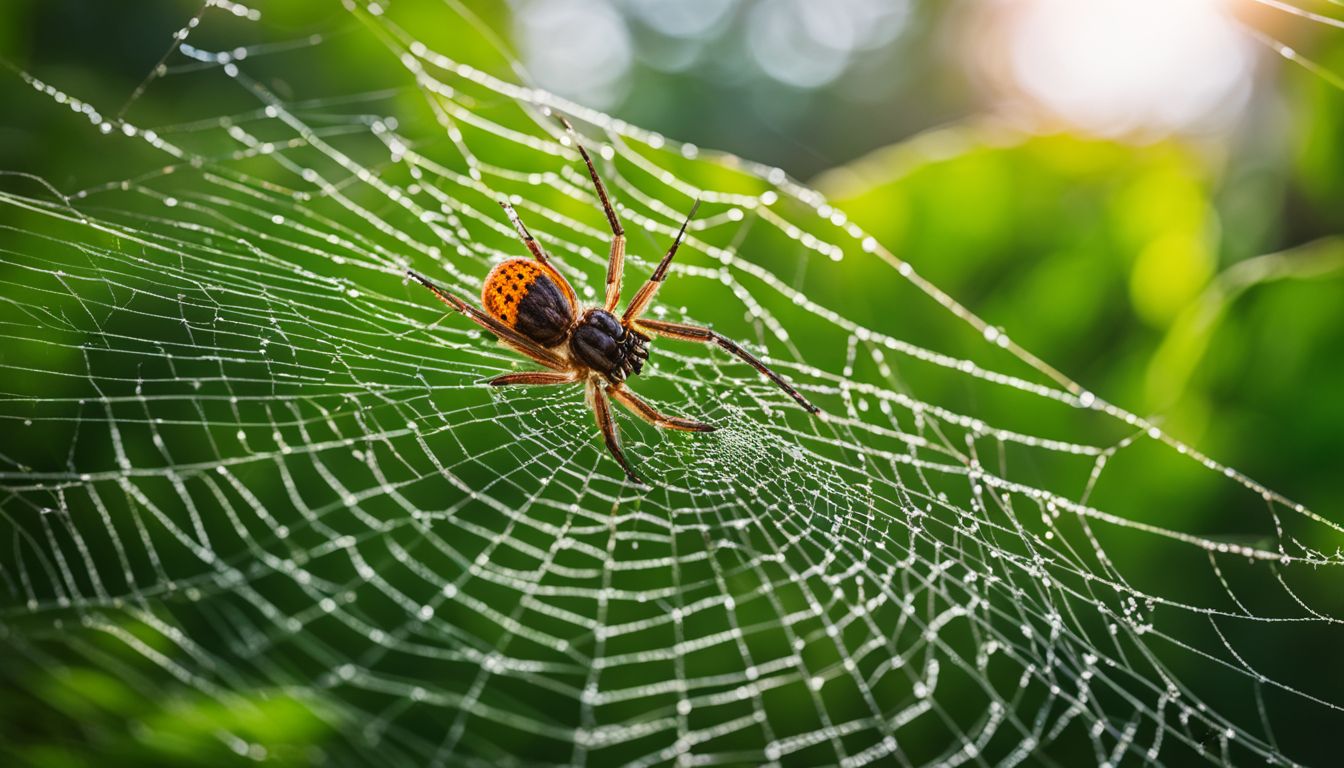 A spider weaving a web in a vibrant garden setting.