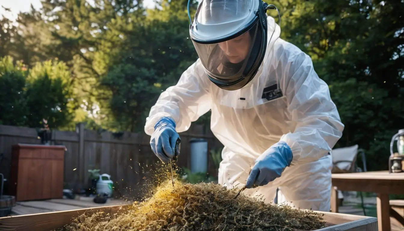 A person in protective gear spraying wasp nest in backyard.