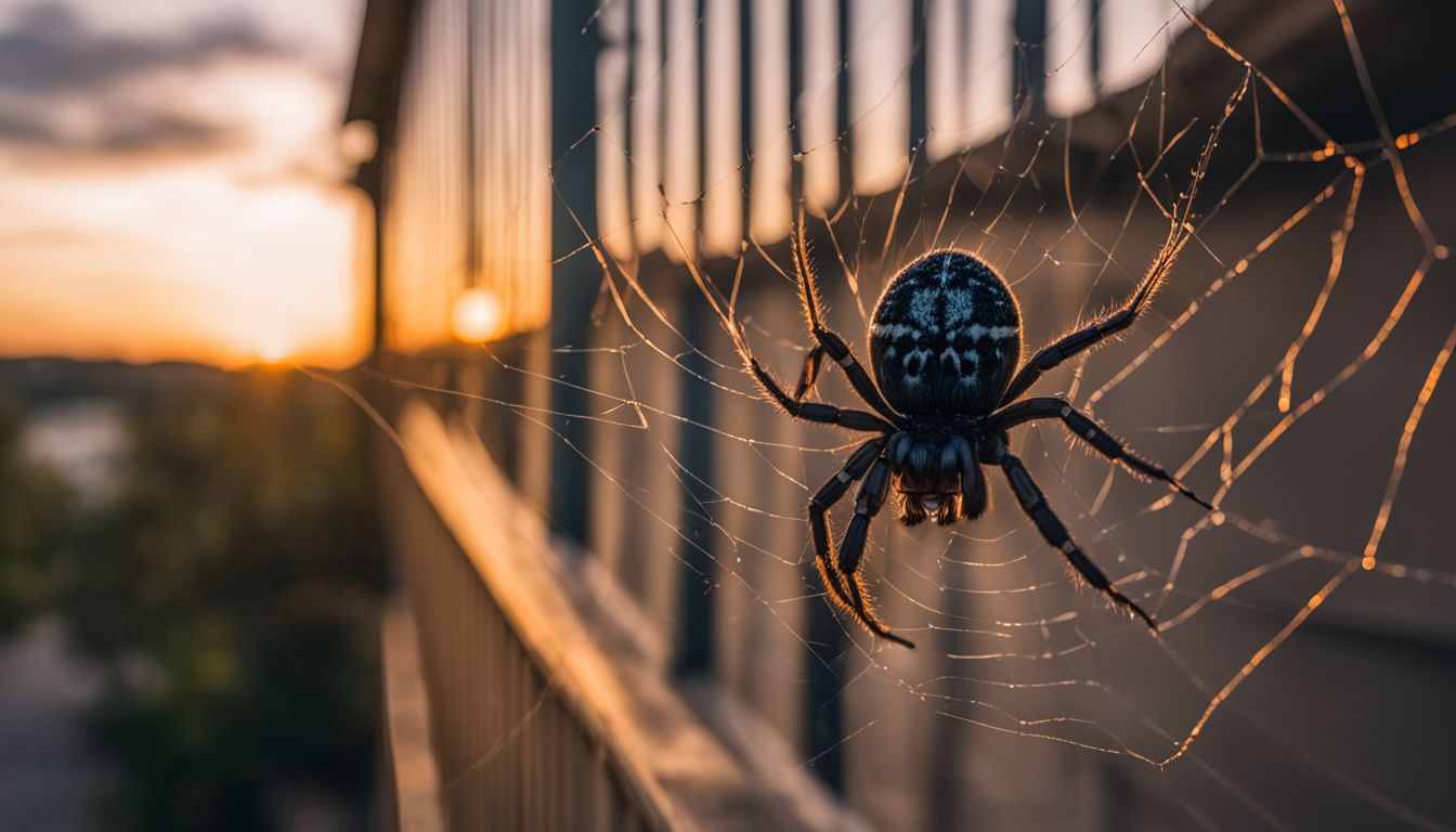 A spider weaving a web on a porch at dusk.