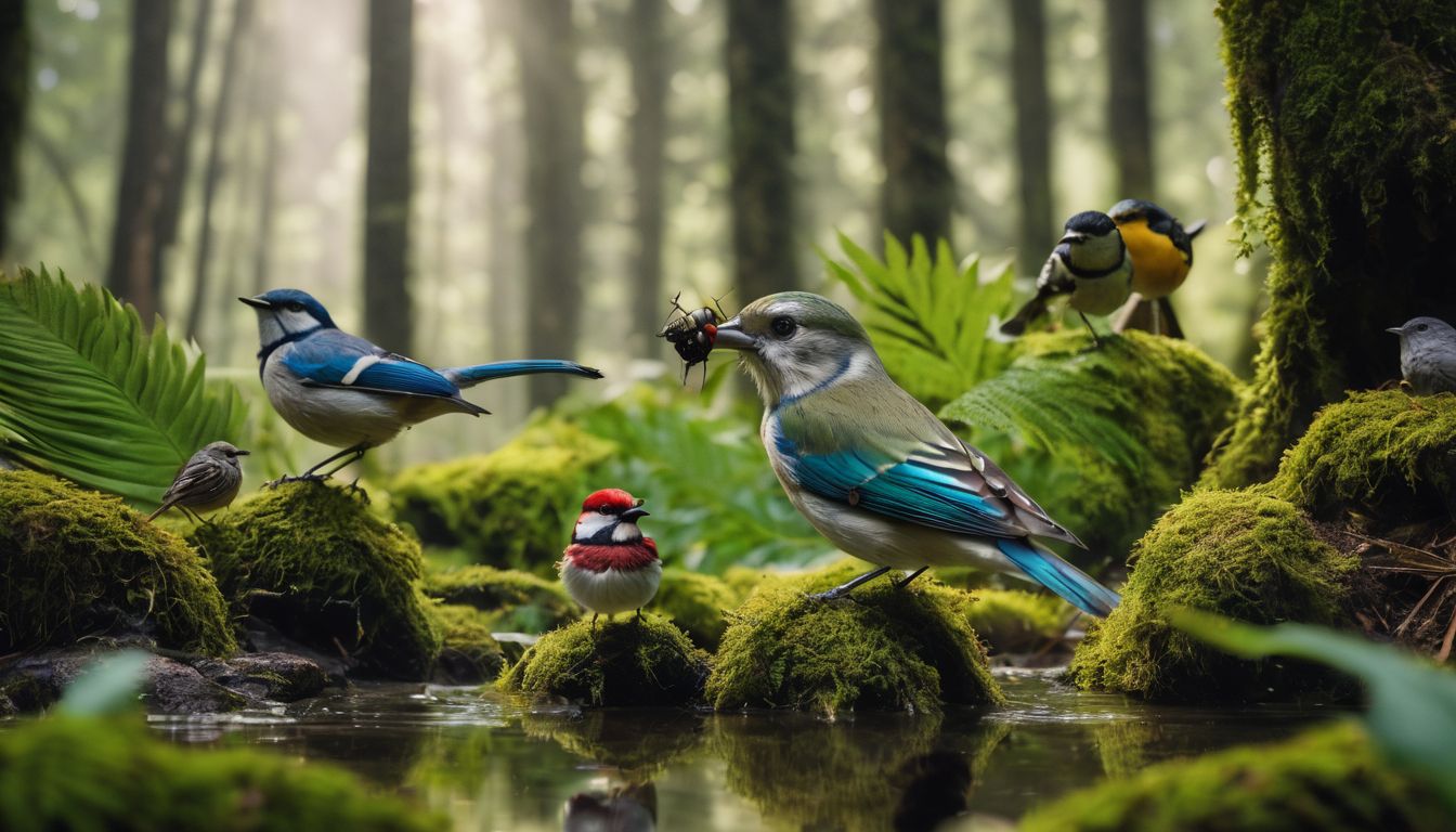 A diverse group of birds feeding on insects in a lush forest.
