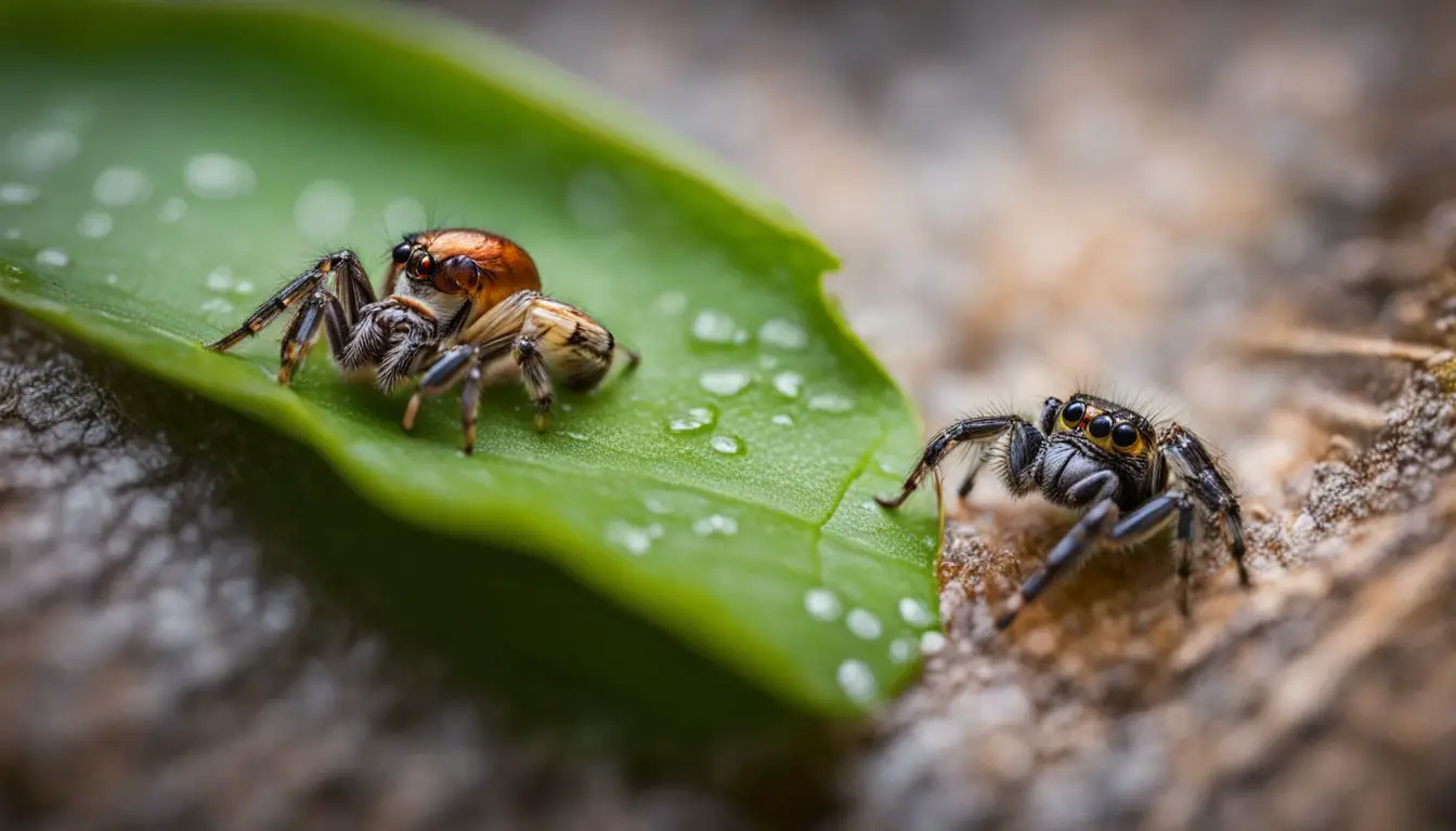 A jumping spider capturing a fruit fly on a leaf in a well-lit setting.