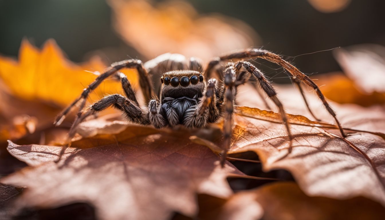 A spider weaves its delicate web among autumn leaves in nature.