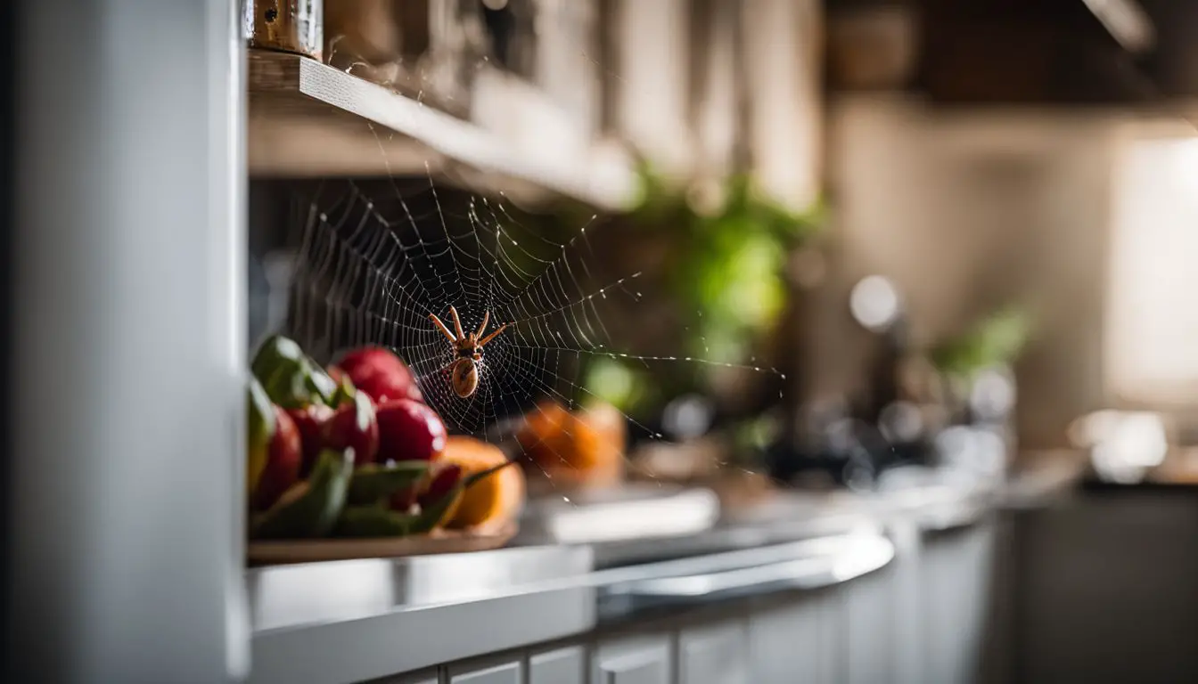 A spider weaving its web in a kitchen corner.
