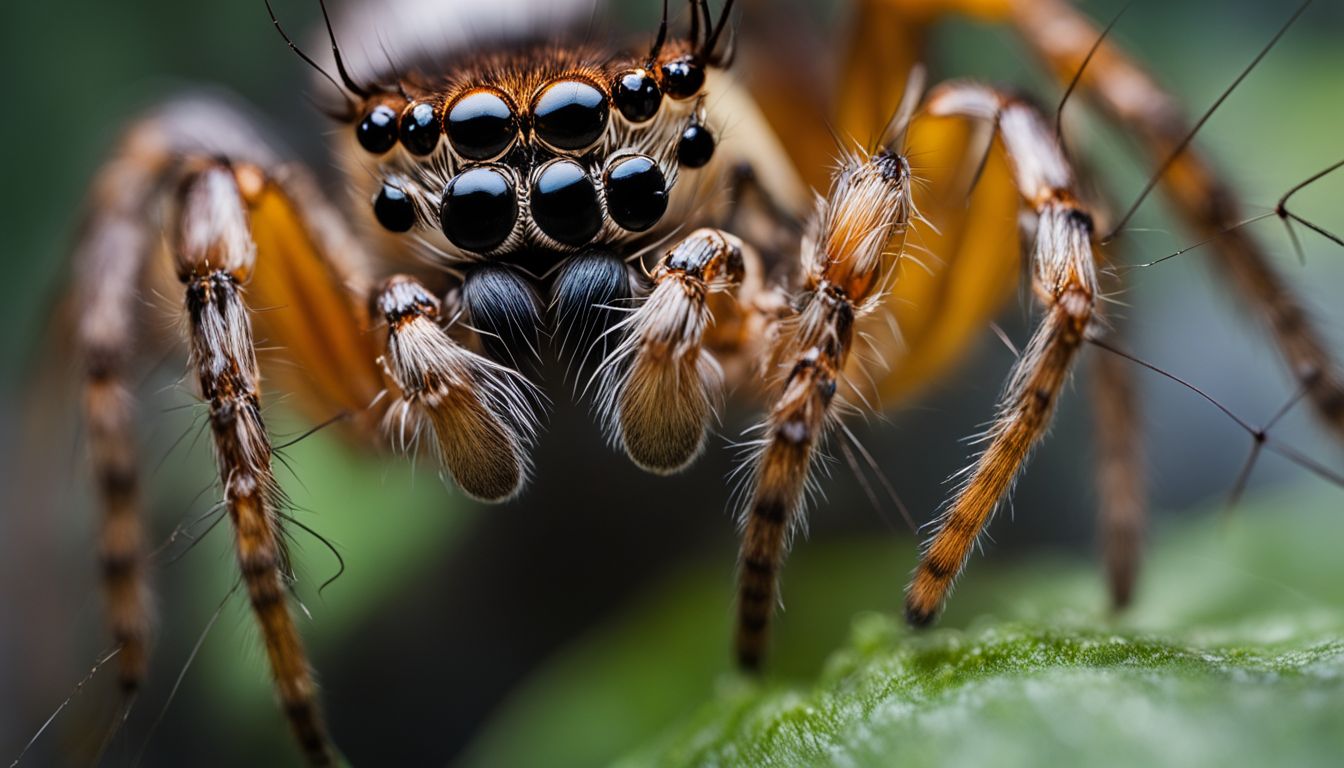 A close-up photo of a spider's legs and pedipalps sensing objects in the air.
