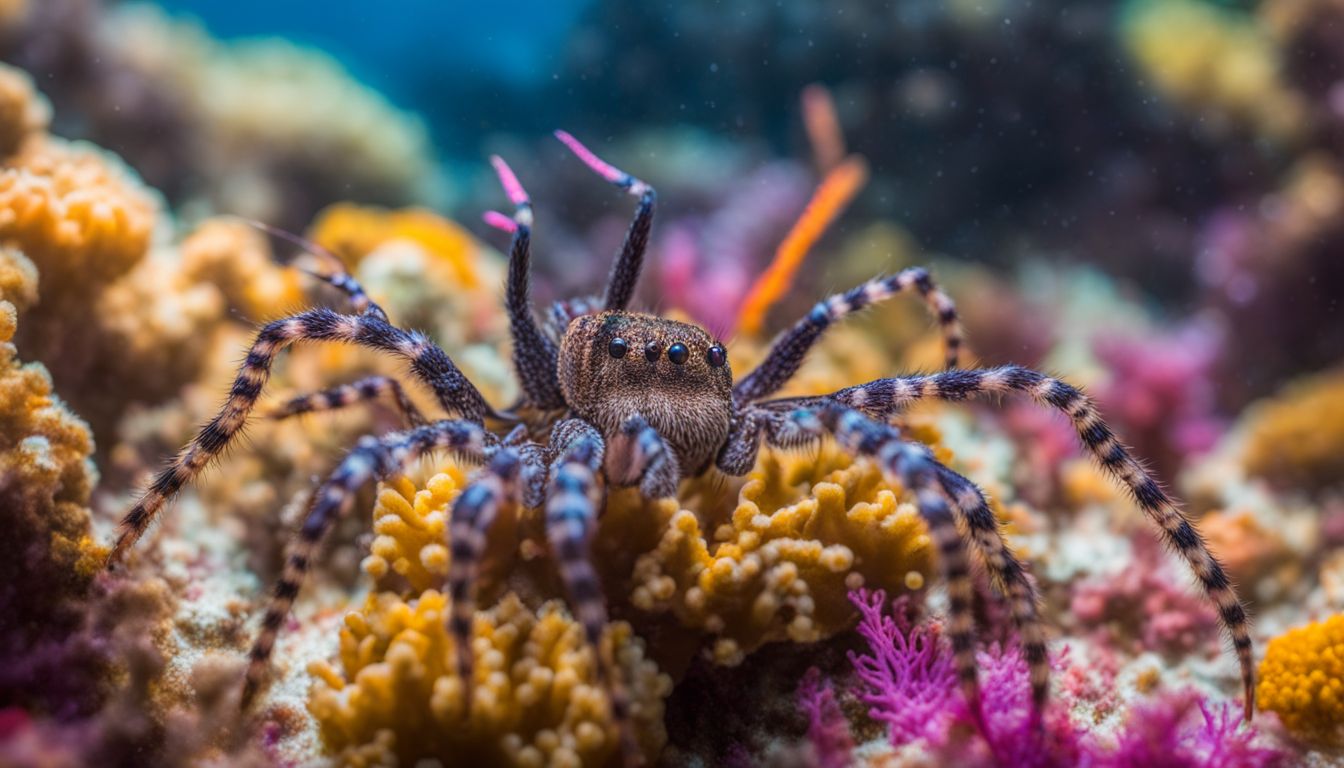 A sea spider crawls on a colorful coral reef in a bustling underwater atmosphere.