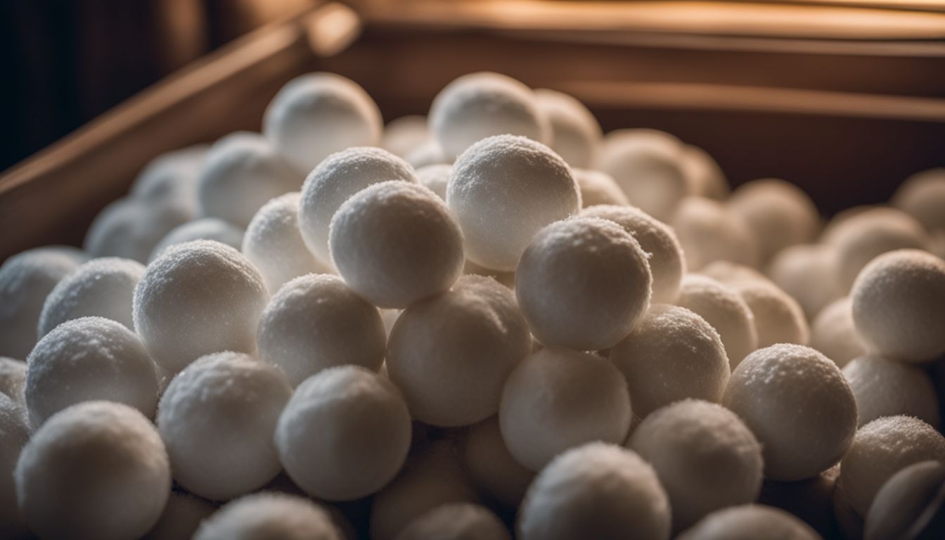 A pile of mothballs in a dimly lit closet.