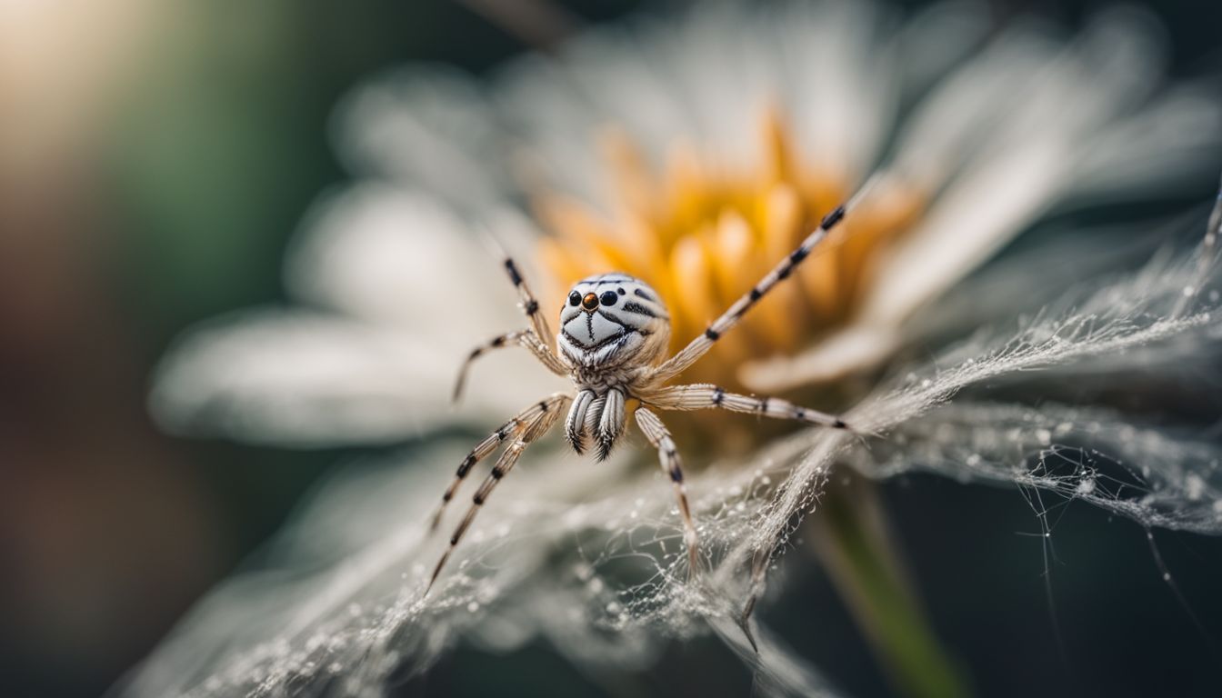 A white spider weaves its web on a delicate flower in nature.