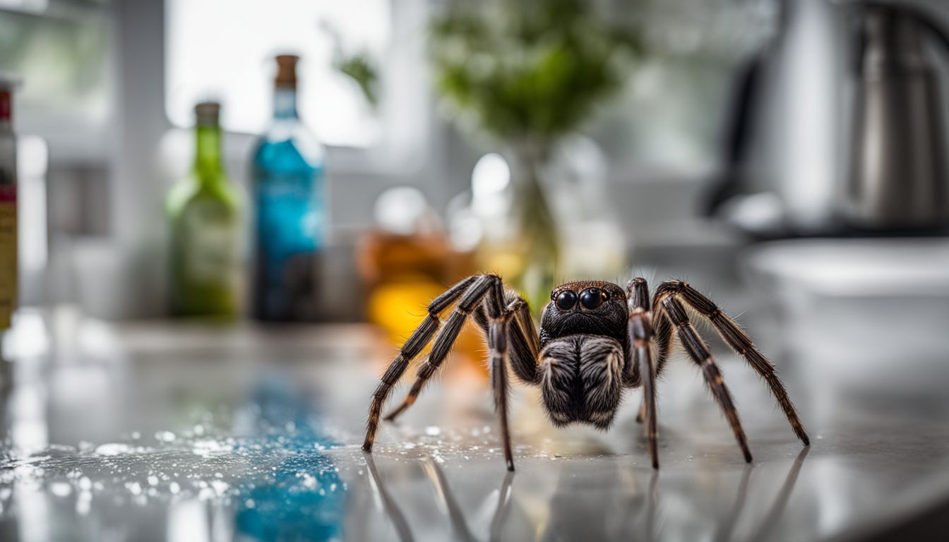 A spider crawls near a bottle of Windex on a kitchen counter.