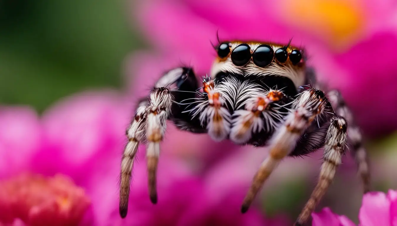 A jumping spider hunting for insects on a vibrant flower.