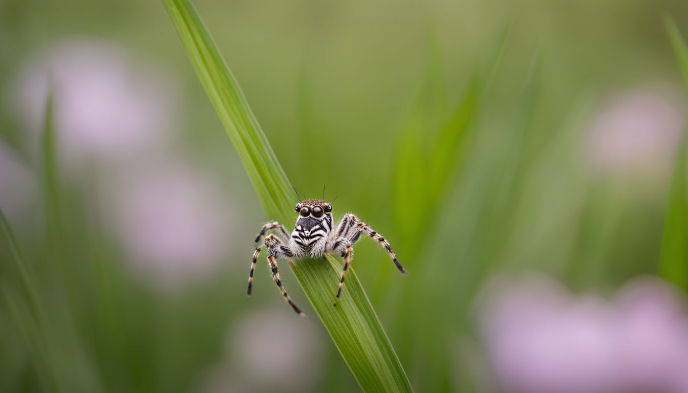 A Zebra spider on a blade of grass in a meadow.