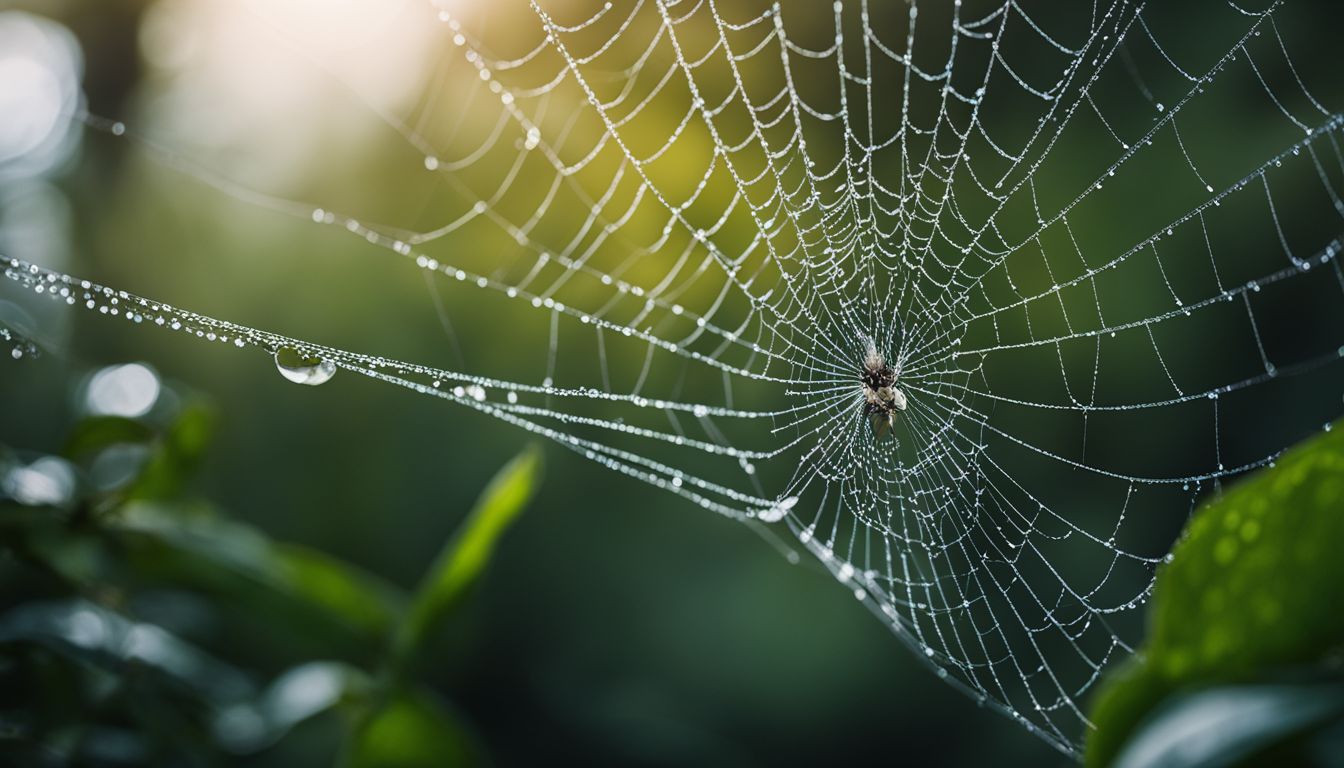 A white spider rests on a dew-covered web in a mystical forest.