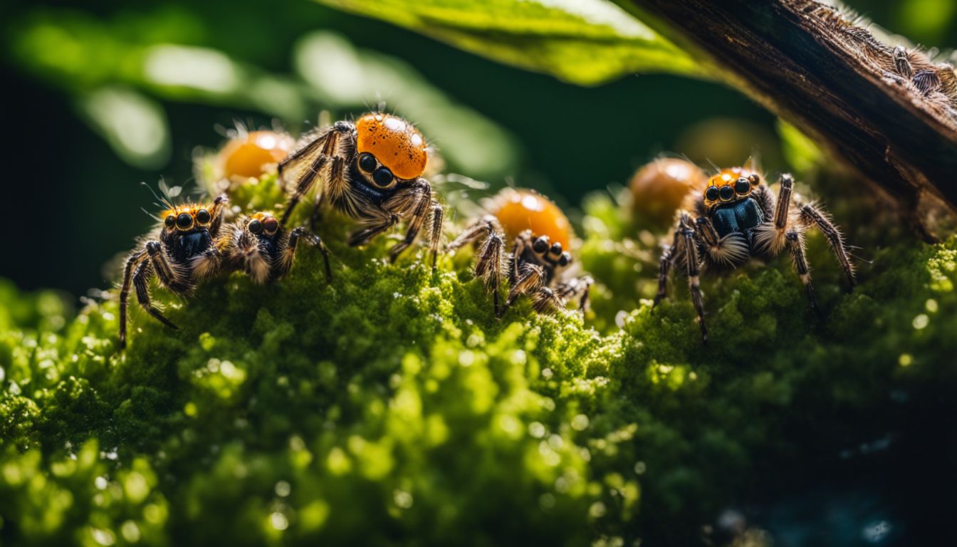 Jumping spiderlings hatching from egg sacs in a lush garden.
