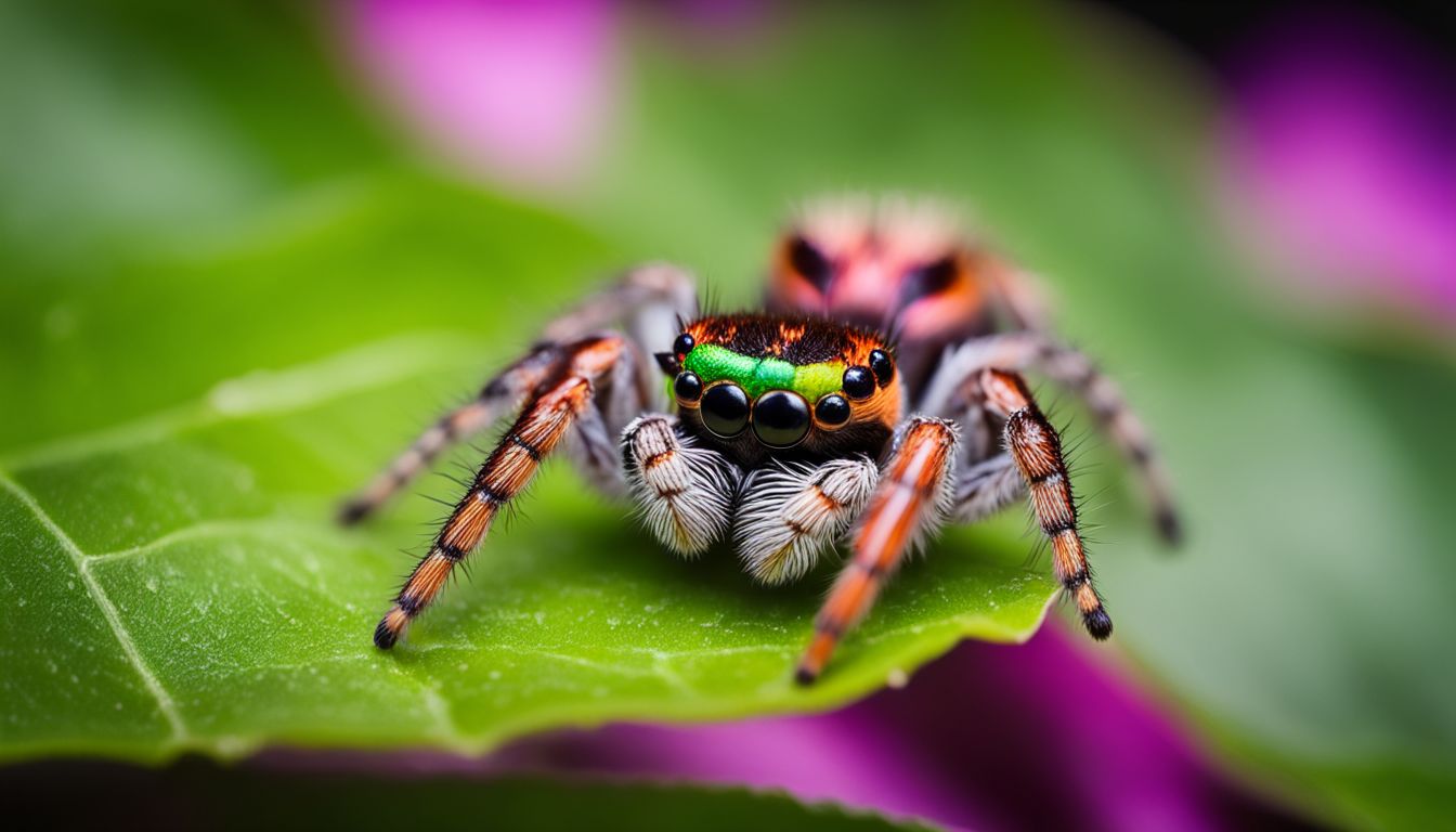 A close-up of a colorful jumping spider on a vibrant green leaf.