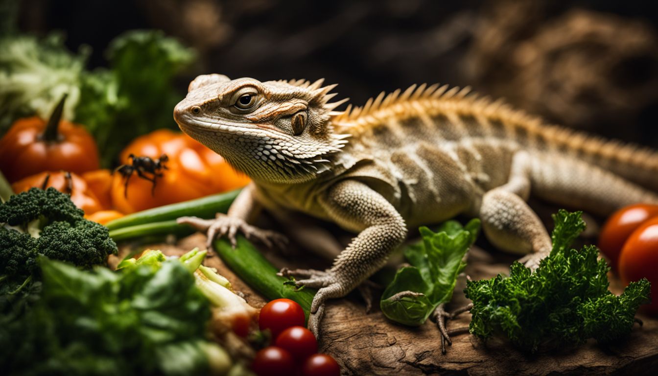A bearded dragon surrounded by insects and vegetables in nature.