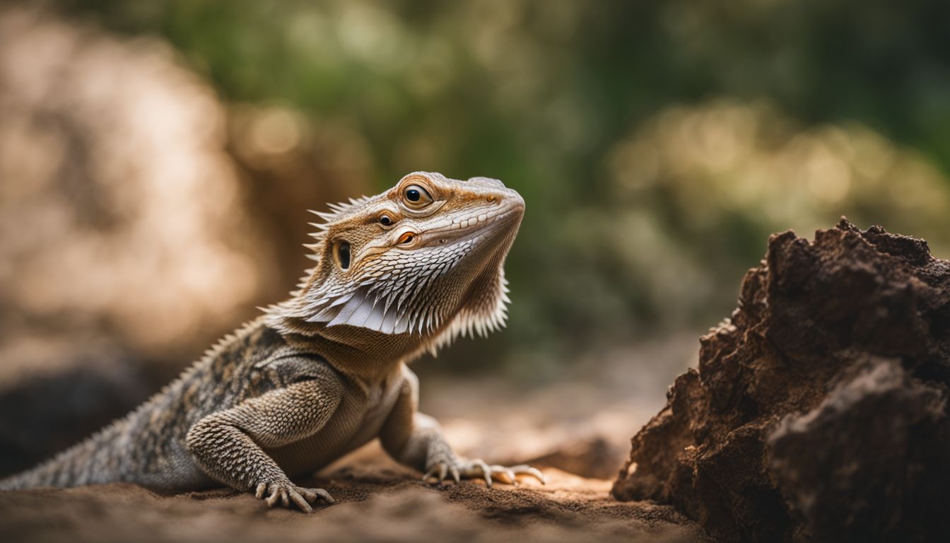 Description of a bearded dragon eating in a natural outdoor setting.