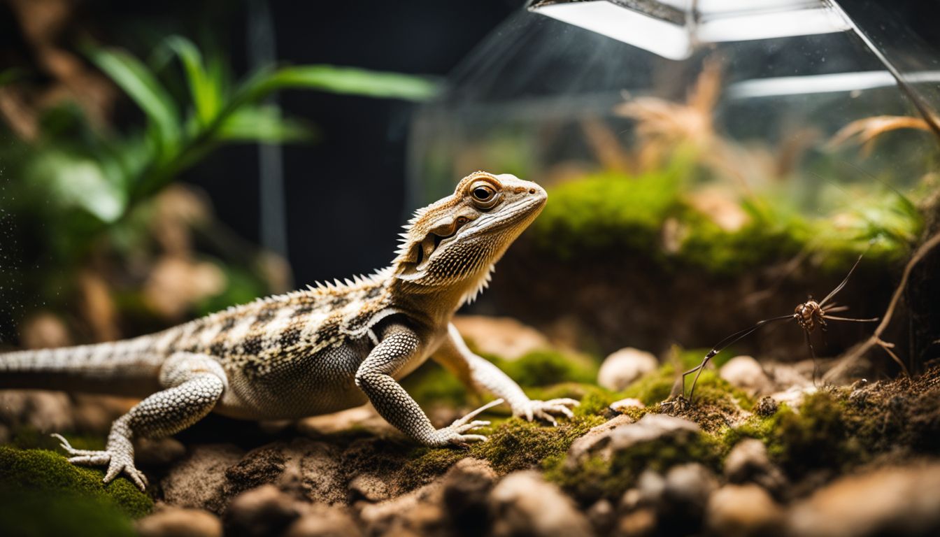 A bearded dragon surrounded by spiders in a terrarium.