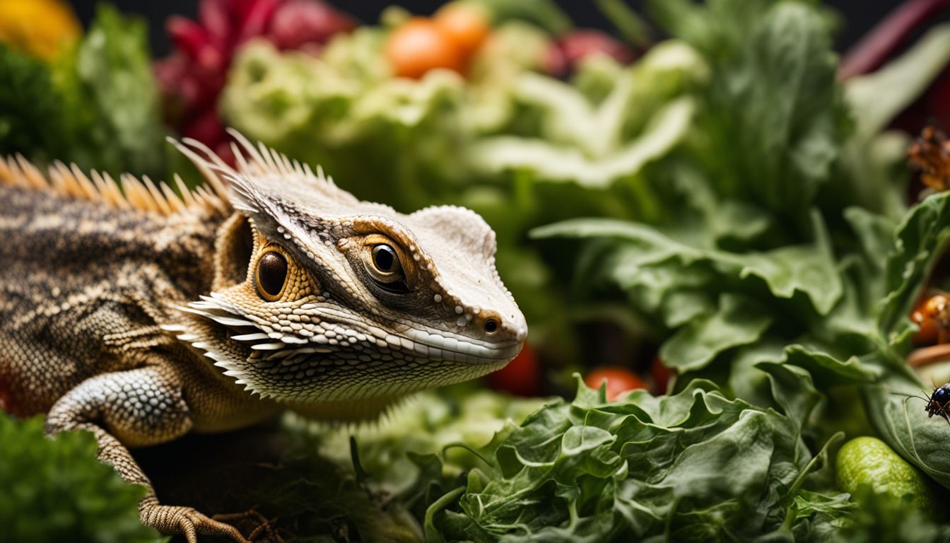 Close-up of a bearded dragon surrounded by vegetables, insects, and greenery.