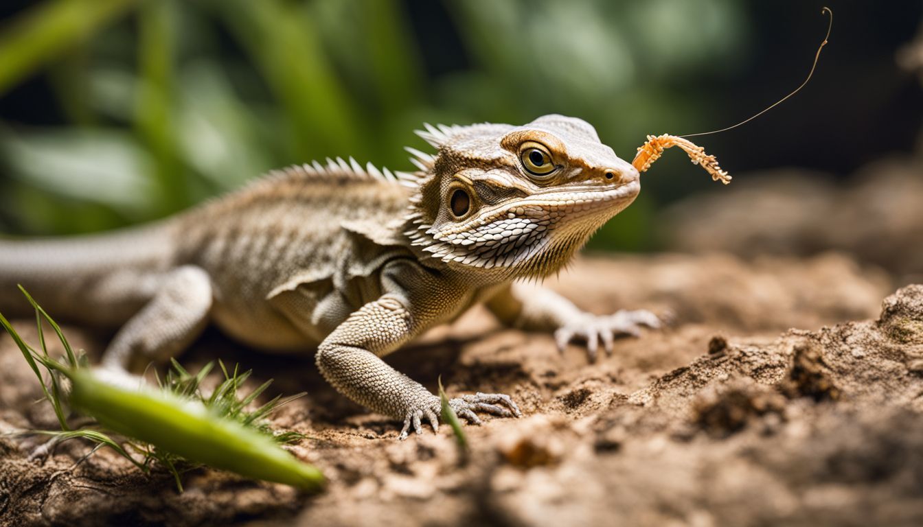 A bearded dragon eating a cricket in its natural habitat.