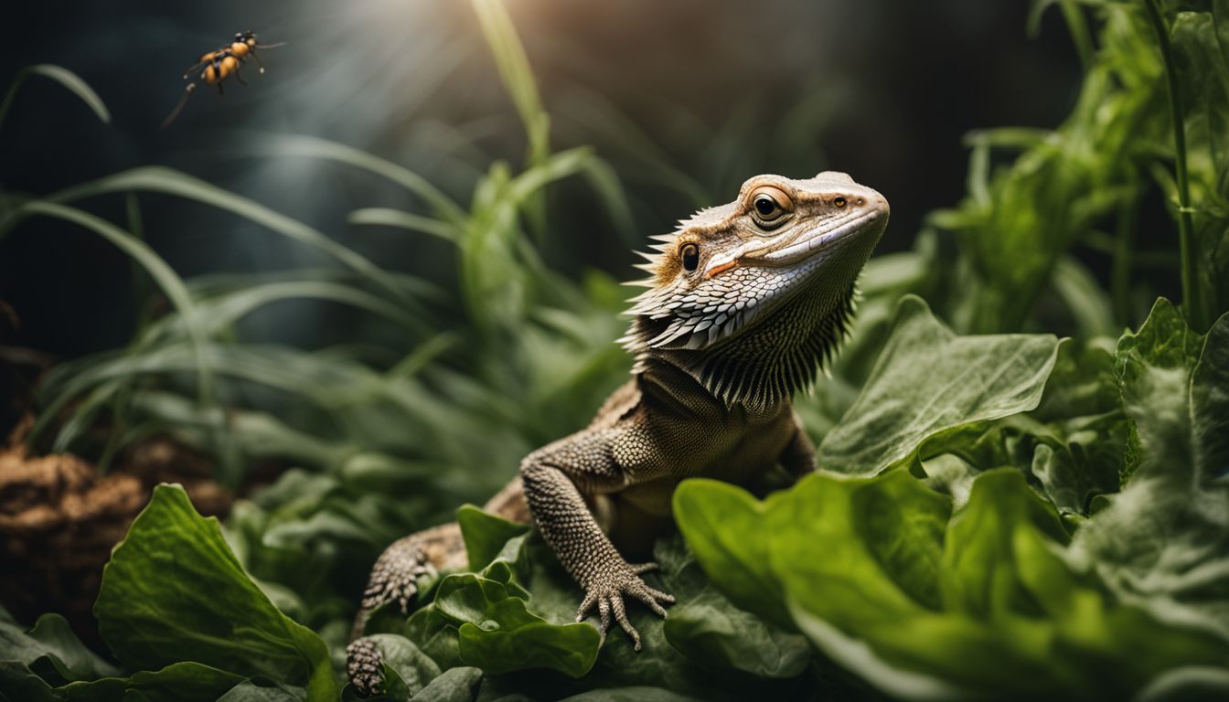 A bearded dragon with insects and greens in a lively scene.