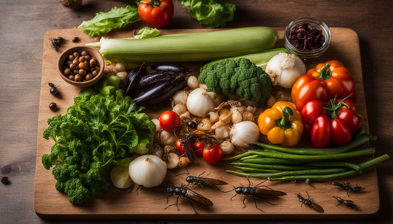 Assortment of vegetables and insects on a wooden cutting board.
