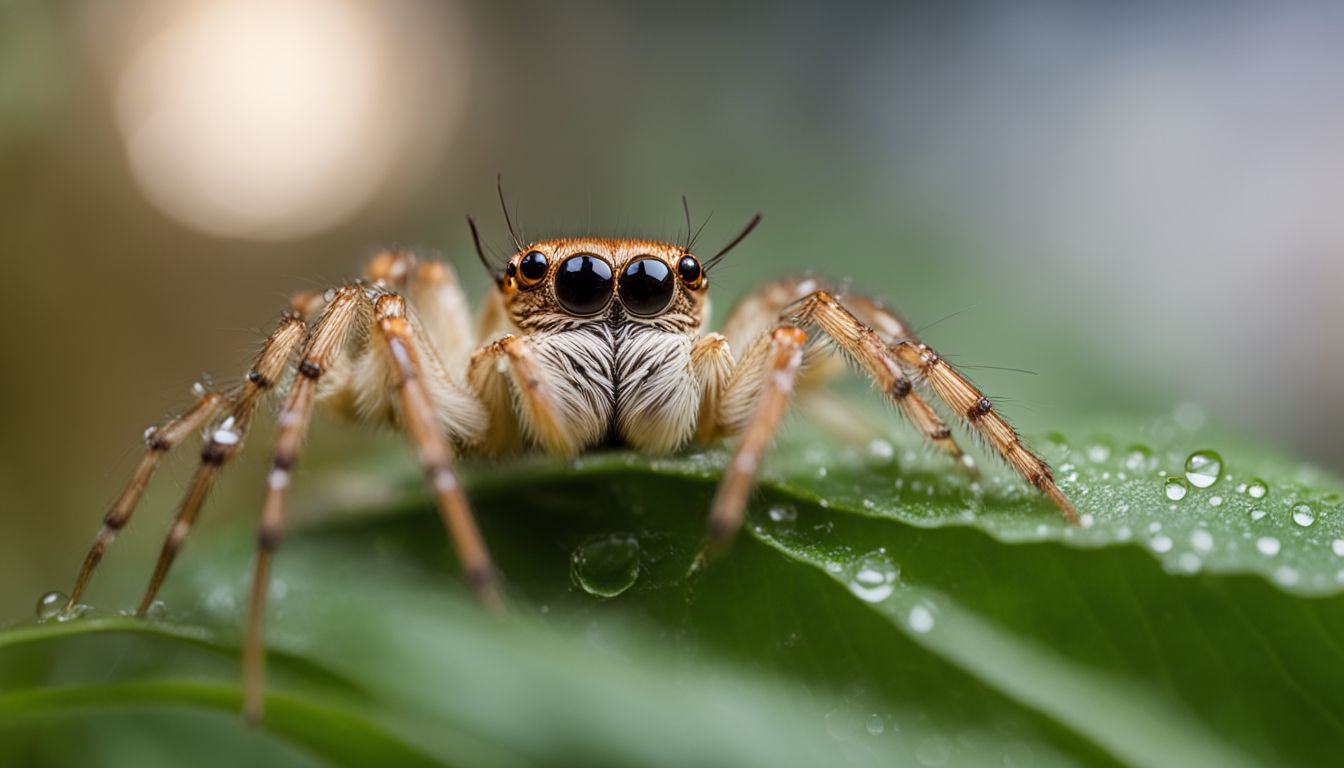 A close-up photo of a spider drinking water from a leaf.