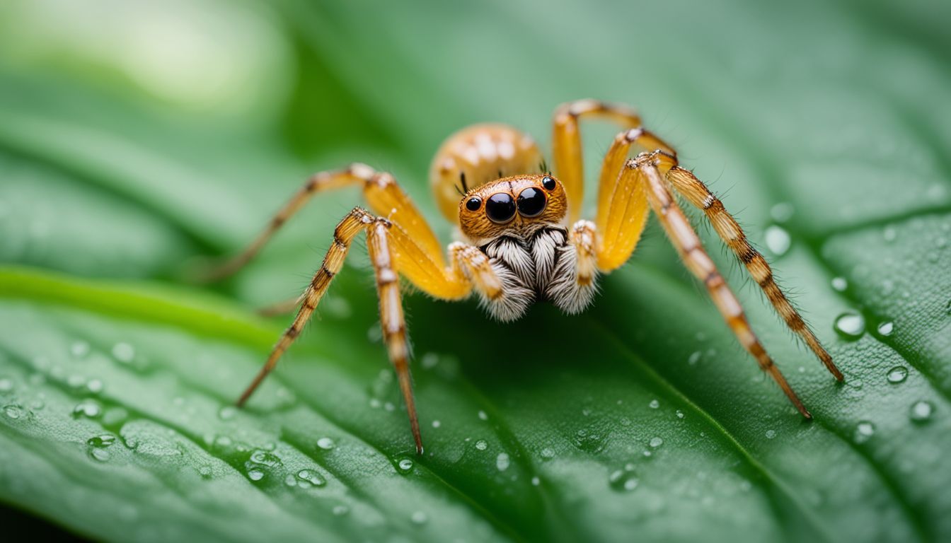 Close-up photo of a spider on a water droplet, with varied people.