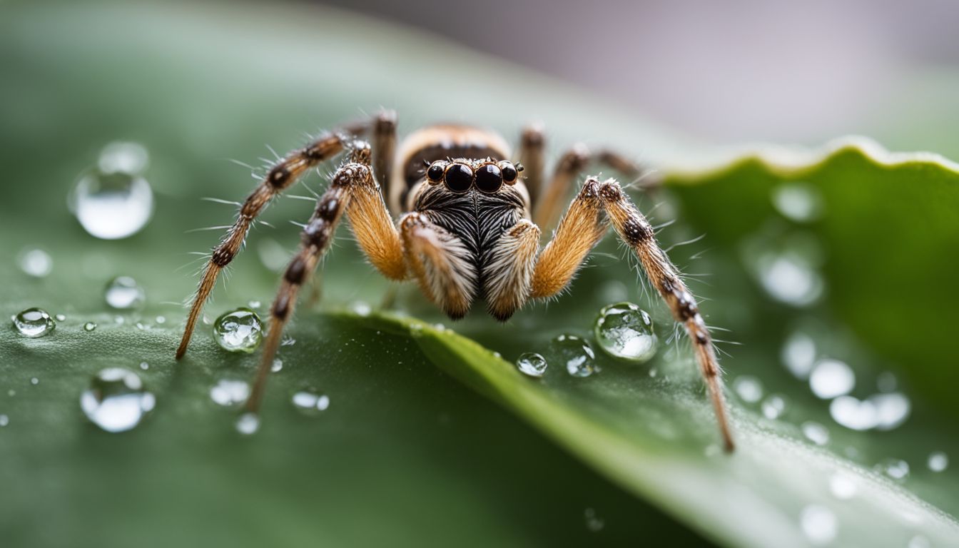 Close-up of a spider drinking water from a leaf, with various elements.