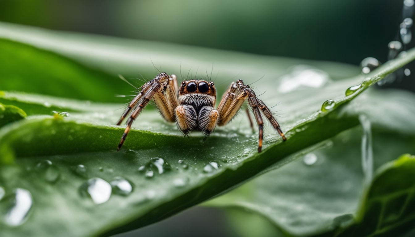 A macro photo of a spider drinking water from a leaf.