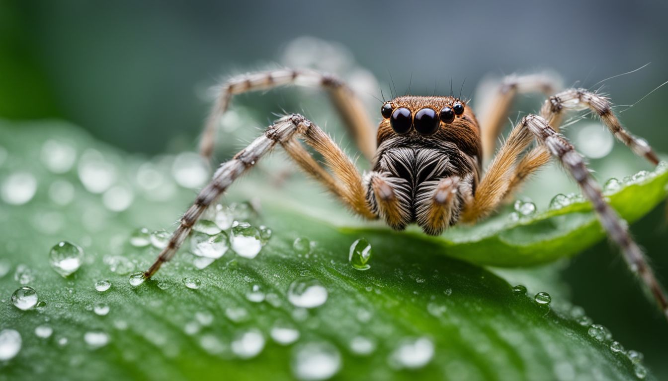 A close-up photo of a spider on a dew-covered leaf.