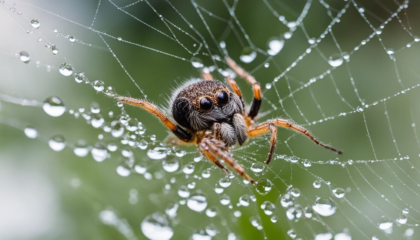 A spider drinks from a dew-covered web, captured in stunning detail.