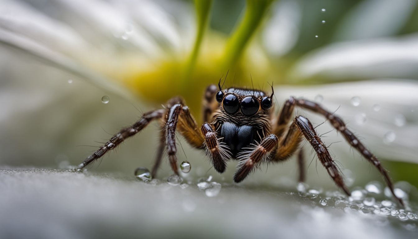 Spider drinking water droplets from rain-soaked flower in detailed macro photo.