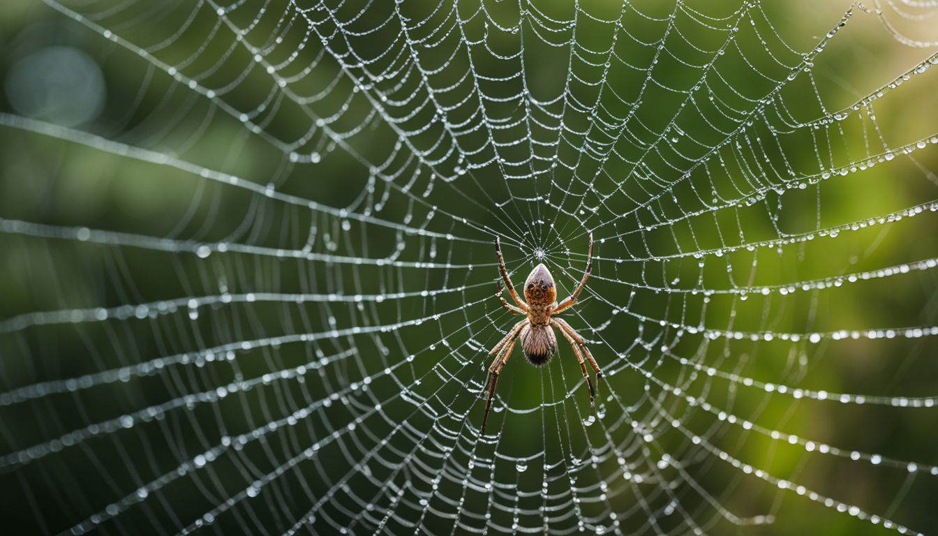 A close-up photo of a spider in its dew-covered web.