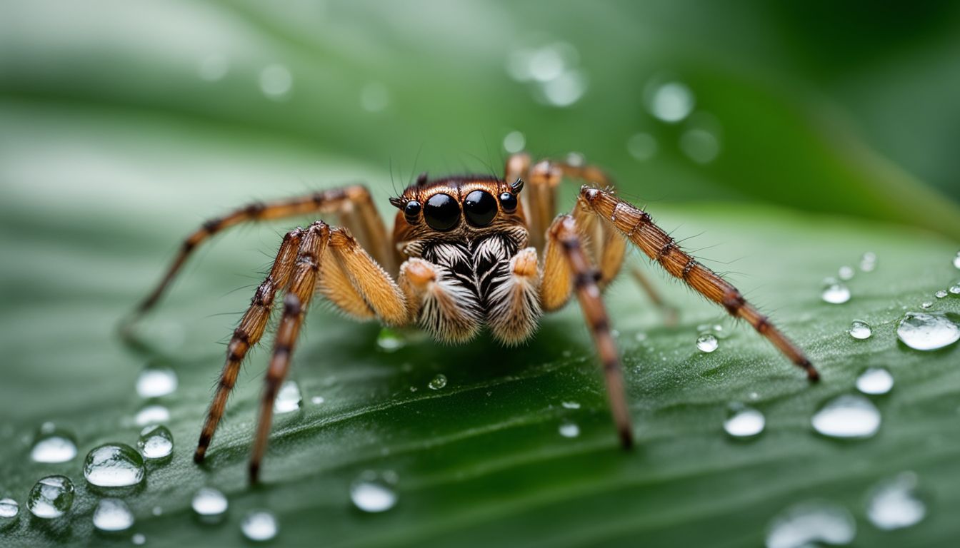 Close-up photo of a spider drinking water from a leaf.