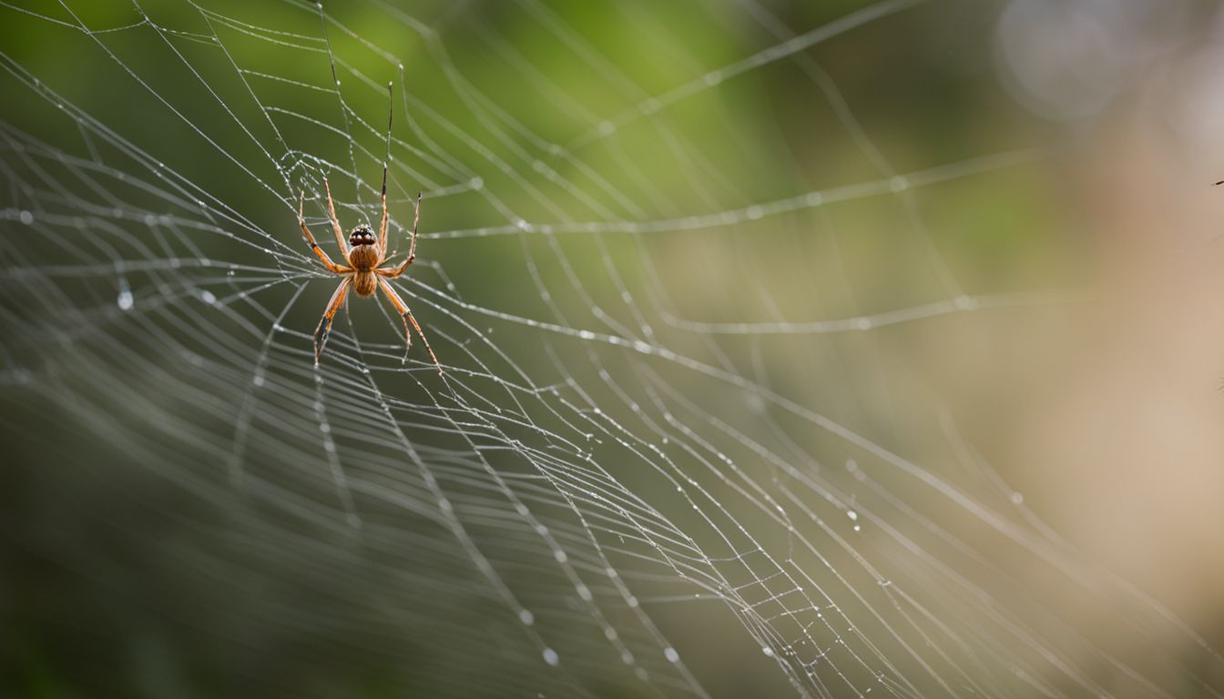 A photo of a spider hanging from a silk thread in nature.