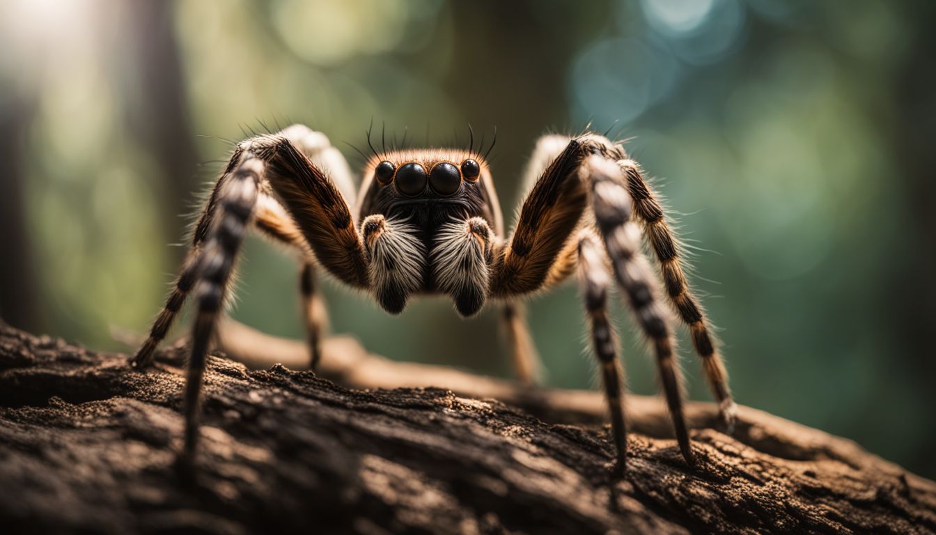 A Caucasian photographer taking a close-up photo of a tarantula in a forest.