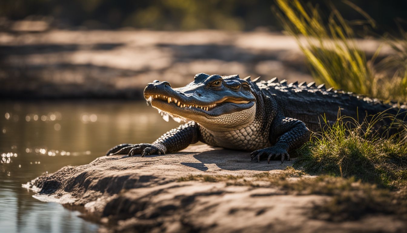 An alligator basking in the sun on a riverbank.