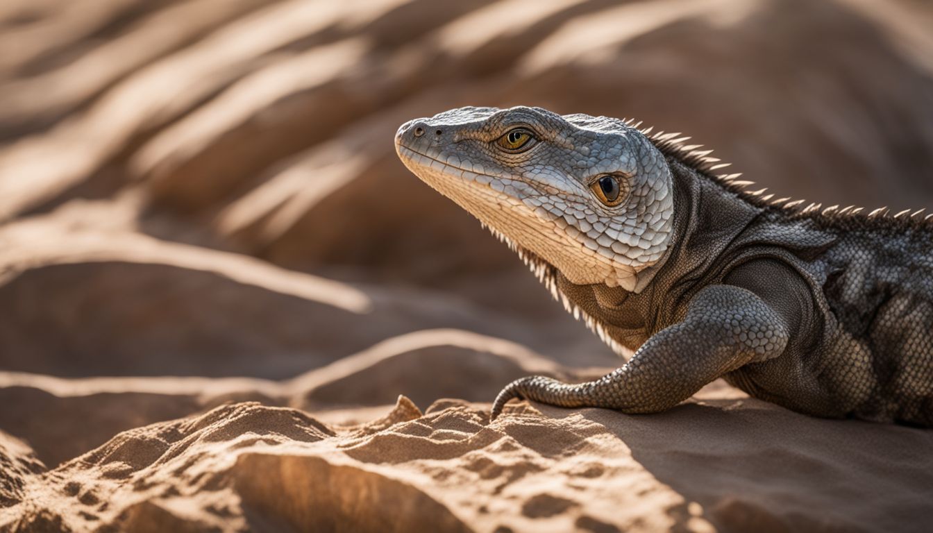Close-up photo of a reptile in a desert with different faces.